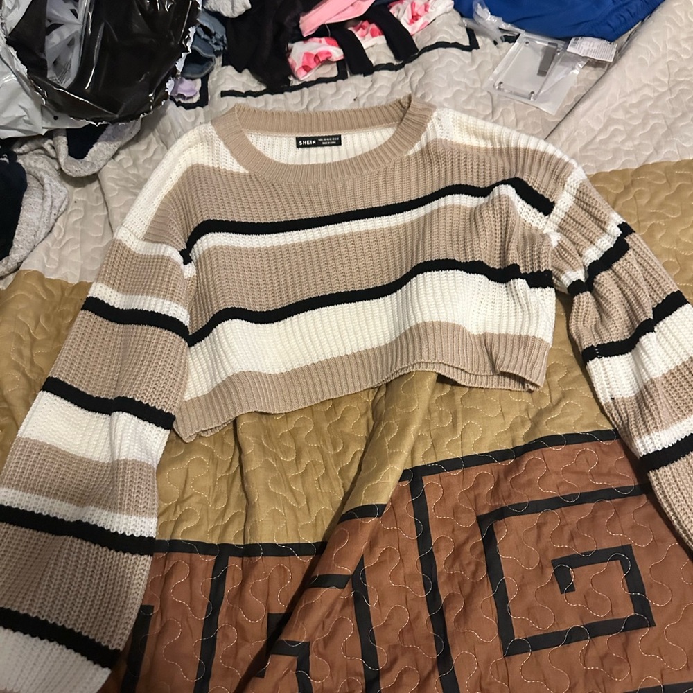 SHEIN Tan and Black Crew Neck Striped Sweater